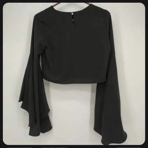 Womens Crop Top Black Flare Bell Sleeve Scoop Neck Side Zipper